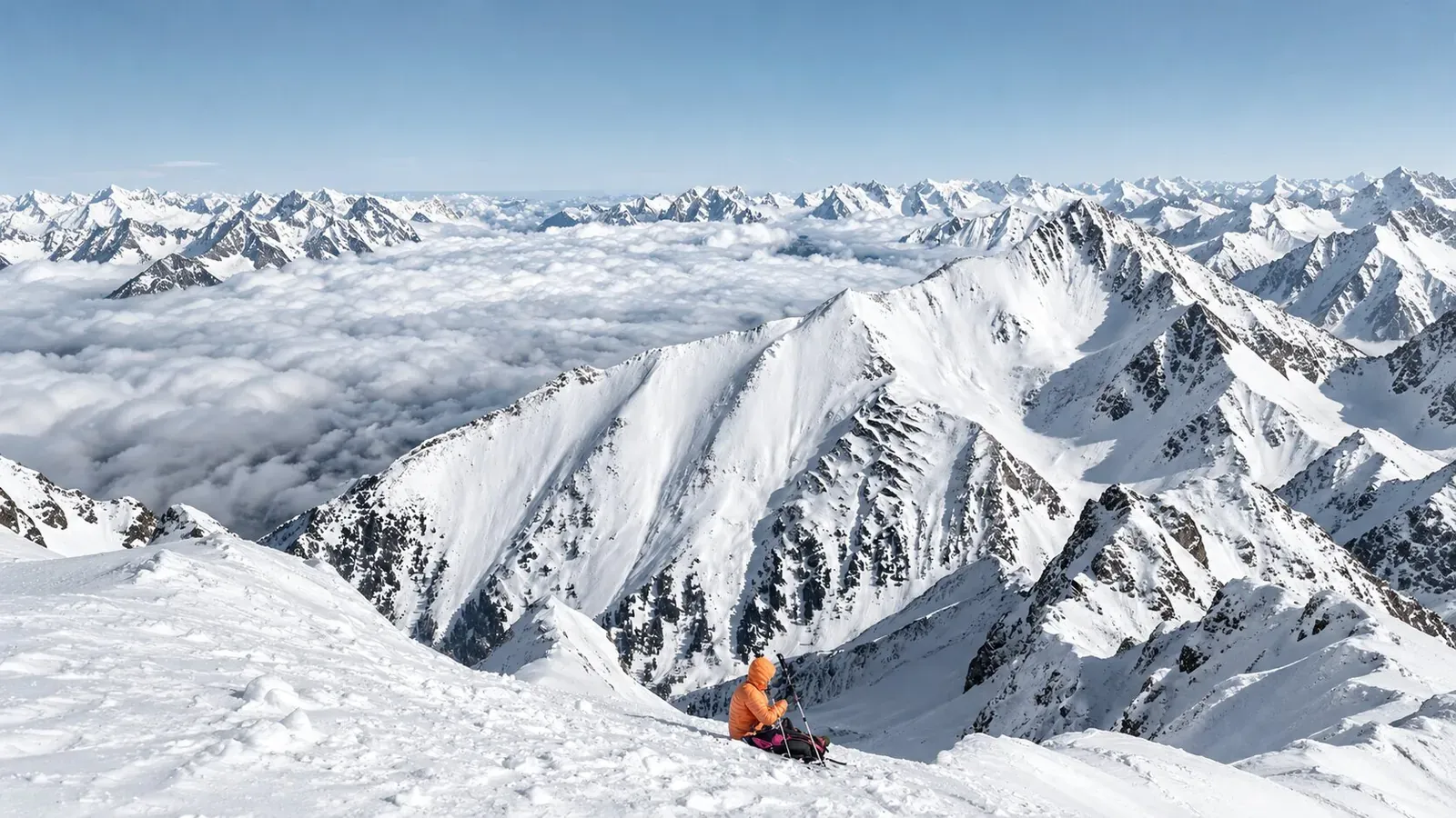 Pascal Rentschler resting on a ski tour above a sea of clouds in Kühtai
