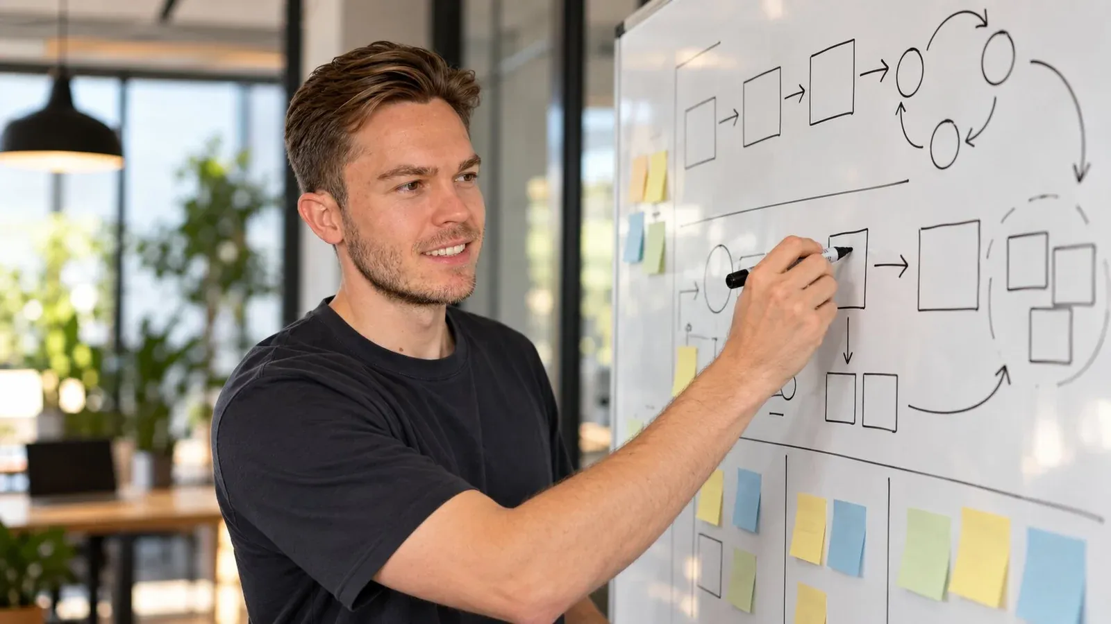 Pascal Rentschler mapping a workflow with diagrams and sticky notes on a whiteboard